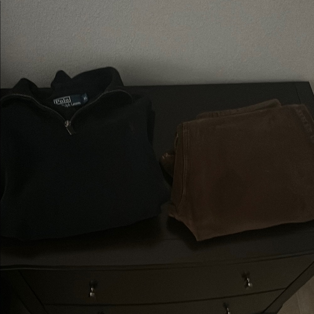 Black Quarter-Zip Sweater and Brown Pants Set